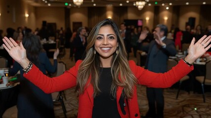 Confident woman in red blazer smiles broadly with arms outstretched at corporate event for leadership achievement professional success and networking concept