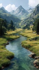 Mountain valley with a serene river flowing through lush greenery under a clear blue sky in daylight