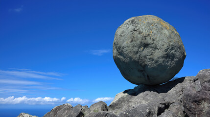 Unique large boulder balances on rock ledge under clear blue sky