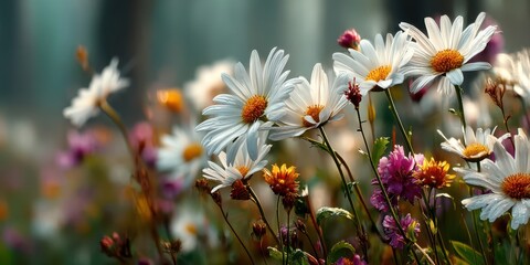 Colorful wildflowers bloom in a serene meadow during early morning light, showcasing nature's beauty and vibrancy