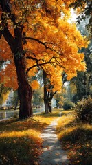 Vibrant autumn leaves along a serene pathway by the river in a peaceful landscape