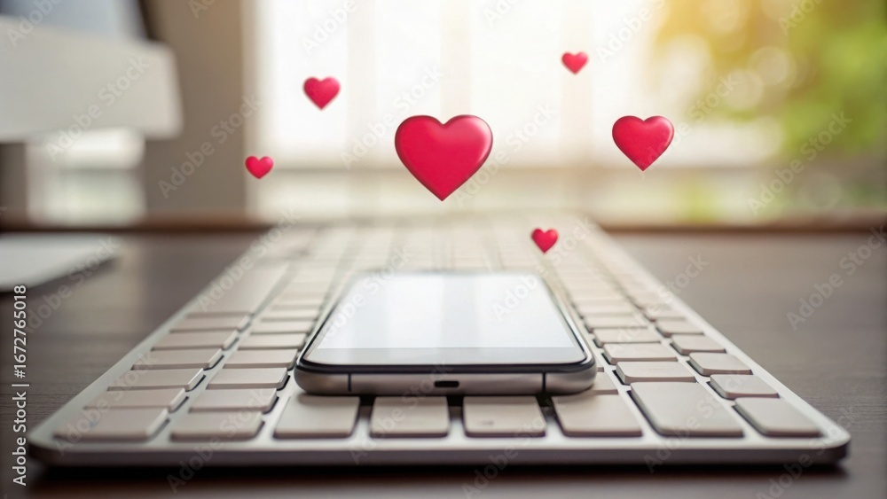 Poster smartphone on keyboard with floating heart icons in soft light