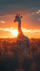 Giraffe stands gracefully against a stunning sunset landscape in a serene wildlife setting