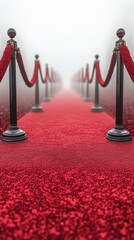 Red carpet pathway lined with stanchions leads into fog on a dramatic event evening