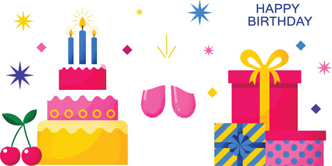 Festive birthday illustration featuring a cake with candles, gifts, and cherries, perfect for celebrations.