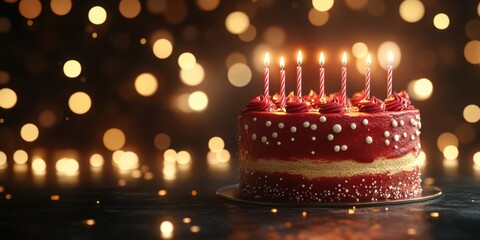 Brightly lit birthday cake with candles surrounded by shimmering bokeh lights for a festive celebration