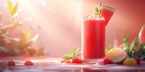 Refreshing summer smoothie with watermelon, raspberries, and lemon garnished with fresh mint leaves in bright sunlight