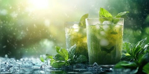 Refreshing mint drinks served in glasses with ice and garnished with fresh mint leaves in a sunlit setting