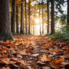 An enchanting autumn forest path carpeted with golden leaves, warm sunlight streams through the tall trees.