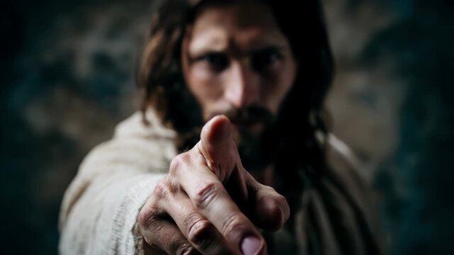 jesus christ, pointing at the camera and holding out his hand