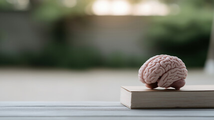 Small brain model placed on a wooden book outside in natural light during daytime