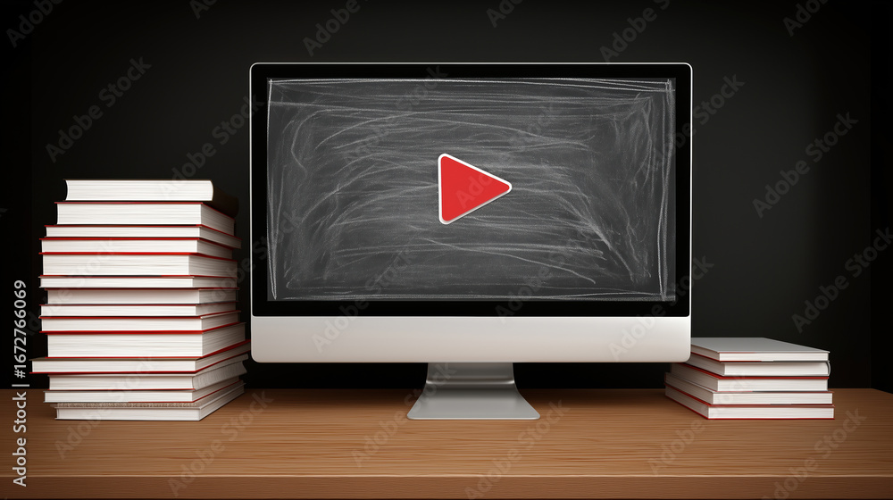 Poster computer screen displaying play button with stacked books on wooden table