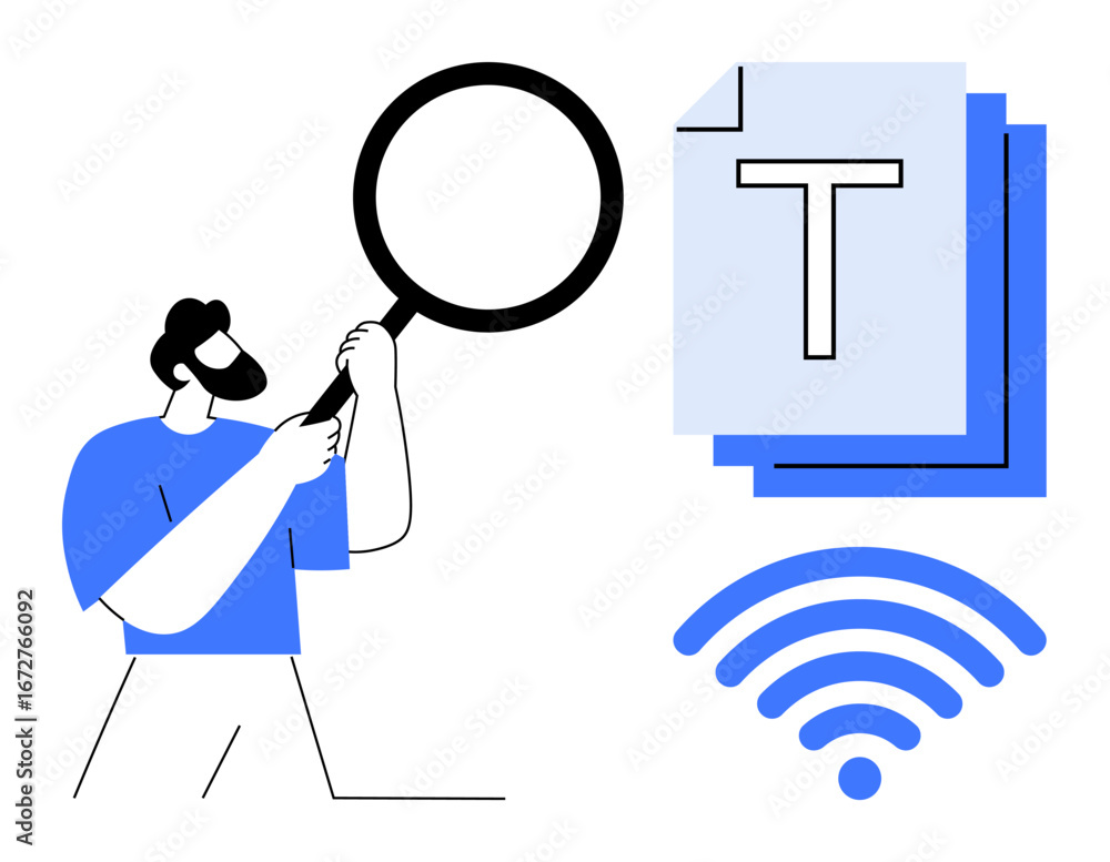Poster man inspecting documents with magnifying glass, highlighting text and wireless connection. ideal for