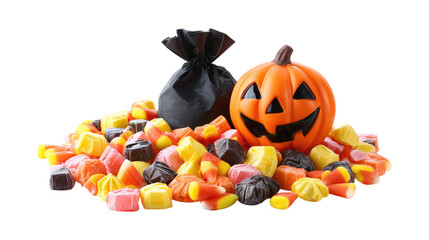 Black Jack o Lantern candy collector with candy pile over isolated on a white background