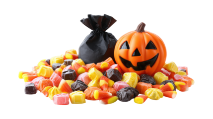 Black Jack o Lantern candy collector with candy pile over isolated on a white background