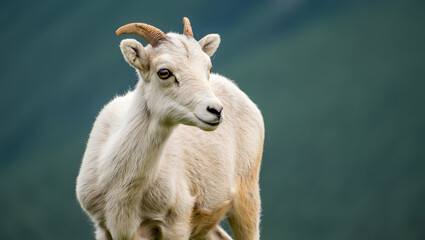 Fototapeta premium Young Dall Sheep Lamb, Profile Portrait, Serene Mountain Background, Wildlife Photography