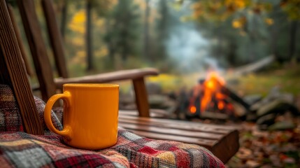 An autumnal ambiance is created by a setup around a fire pit, featuring a rustic table with a steaming mug of hot cider and a wooden chair adorned with a plaid blanket