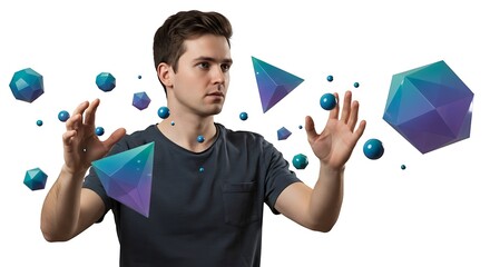 A woman with glasses and gray hair sits at a desk with a laptop, surrounded by floating screens showing profiles and data