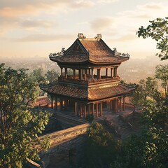 Scenic vietnamese temple surrounded by greenery and traditional rooftop architecture image