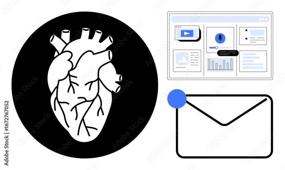 Poster anatomical heart, data visuals on a dashboard, and envelope with notification highlight connection, 