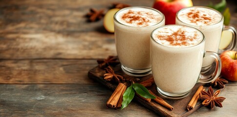 Two spiced coffee drinks with aromatic flavors are served in elegant glassware on a rustic wooden table, complemented by cinnamon sticks and star anise