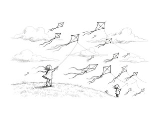 Childhood Flight: A nostalgic pen and ink illustration captures a whimsical scene of children joyfully flying kites amidst a dreamy, cloud-filled sky, evoking a sense of freedom and lightheartedness.