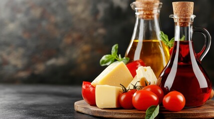 Fresh Ingredients with Olive Oil and Balsamic Vinegar on Table