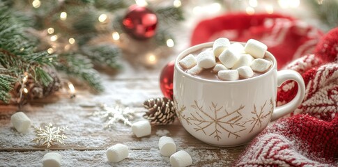 A rustic wooden table holds a steaming mug of hot chocolate, marshmallows, and a sprinkle of cinnamon, accompanied by cocoa and sweet indulgences