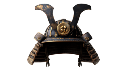 A detailed close up of a samurai helmet with intricate designs and a dark background providing contrast