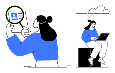 Woman examining a profile with a magnifying glass and another working on a laptop. Ideal for hiring, recruitment, job search, freelancing, productivity, technology use, digital workspace. Simple flat