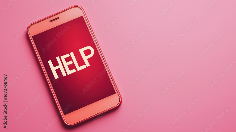 Poster mobile device displaying a help message on a vibrant pink background