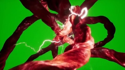 Veined red organic strands twist around each other over a green screen background, emanating a central light source