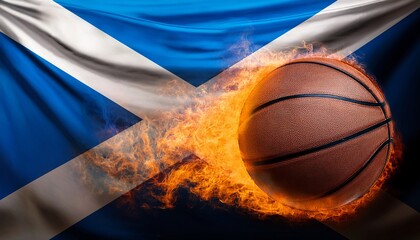 A basketball engulfed in flames blazes against Scotland’s flag, symbolizing fiery sports passion. The vivid contrast emphasizes national pride and excitement.