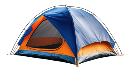 A blue and orange camping tent pitched with an open door on a black background in a studio shot