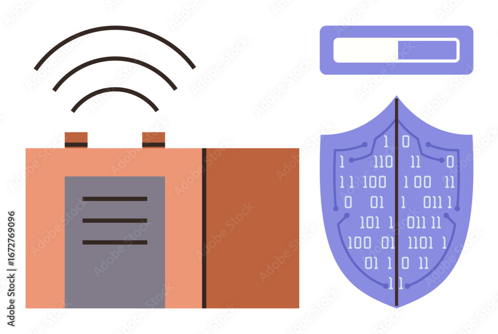 Poster router emitting signals, shield with binary code, and loading bar. ideal for technology, cybersecuri