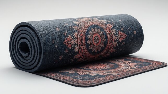 Rolled yoga mat with intricate, patterned design - Powered by Adobe