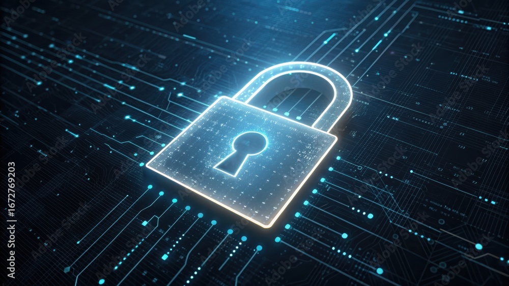 Poster glowing padlock icon with code lines on a digital background