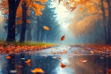 A rainy day scene of yellow autumn leaves in a puddle captures the autumn mood with the use of selective focus