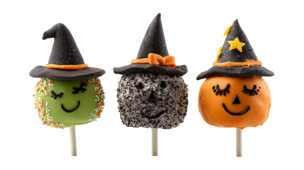 Delicious witch cake pops on a white background. Halloween season