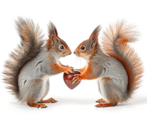Obraz premium Two squirrels facing each other holding a heart shaped object on a plain white background studio shot
