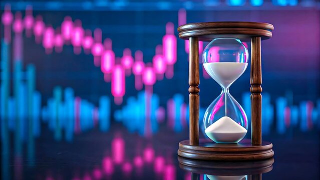 Hourglass with sand in front of financial stock market chart symbolizing time and investment
