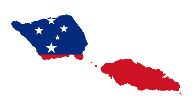 Map of Samoa in the colors of its national flag, featuring a red background with a blue canton adorned with five white stars