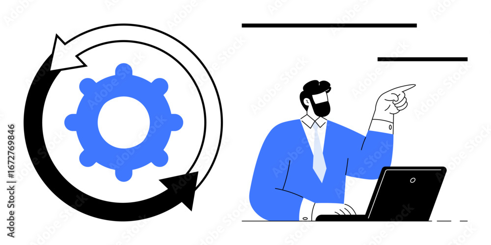 Poster gear with arrows symbolizing process automation and efficiency. businessman working, pointing at the