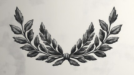 Monochrome laurel wreath design with detailed leaves and a bow