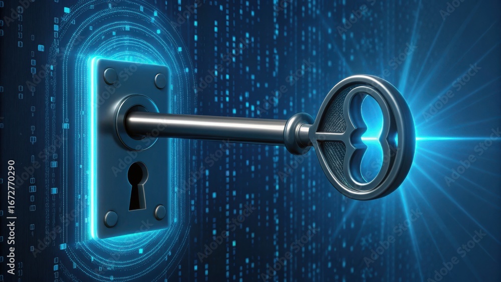 Poster digital key inserting into modern lock with futuristic background