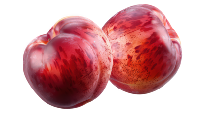 A close up shot of two ripe nectarines with a smooth red skin against a black background showing detail