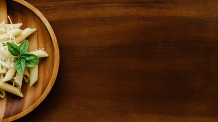 Fototapeta premium Delicious pasta served on a wooden plate with fresh herbs and cheese at a home kitchen