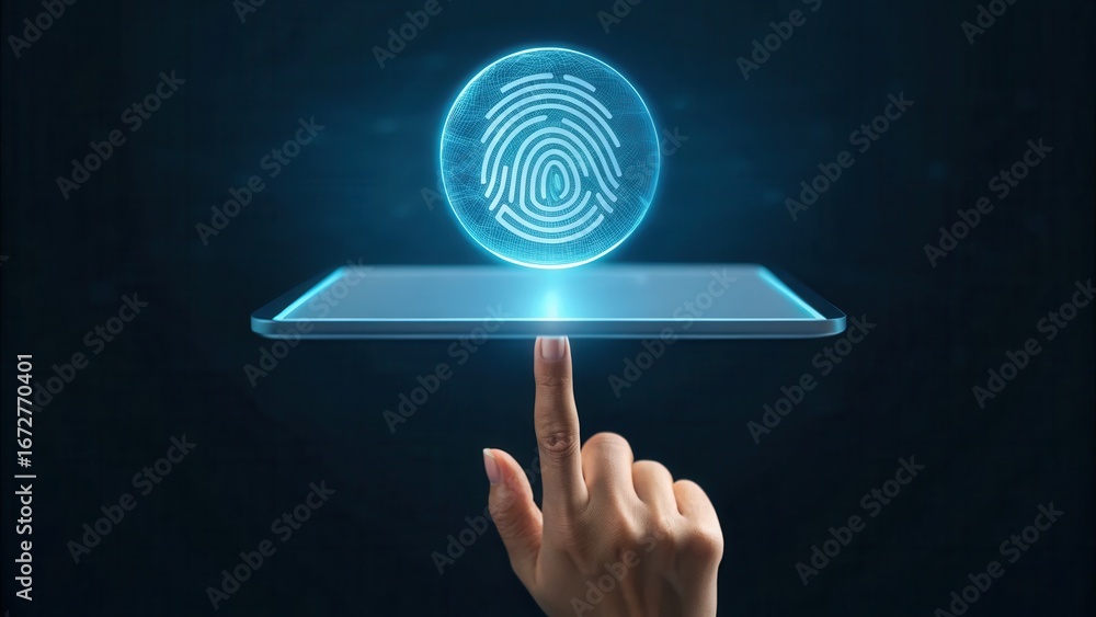 Poster touching holographic biometric fingerprint on device interface