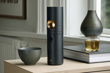 Sleek, black cylindrical device, gold accents, sits on wooden surface