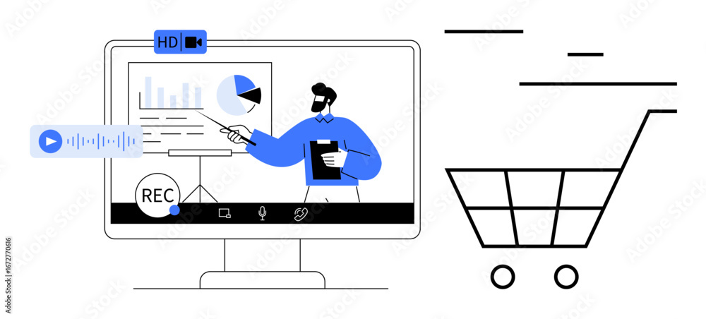 Poster professional presenting data graphs and charts during video conference. shopping cart suggests e-com